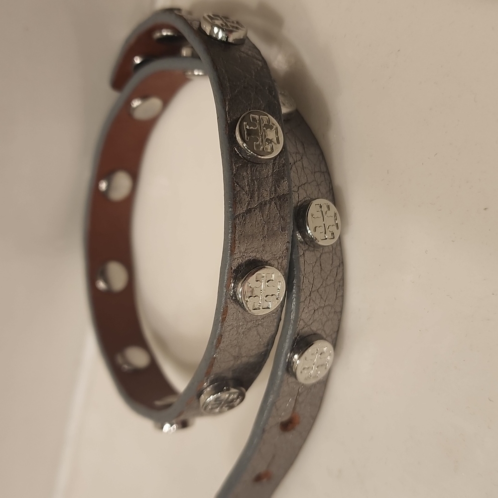 Tory Burch double wrap silver leather bracelet